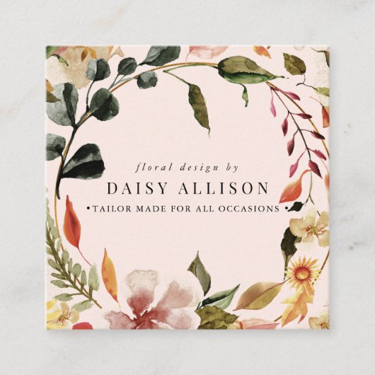Boho Waterverf Autumn Florals Vierkante Visitekaartje (Voorkant)