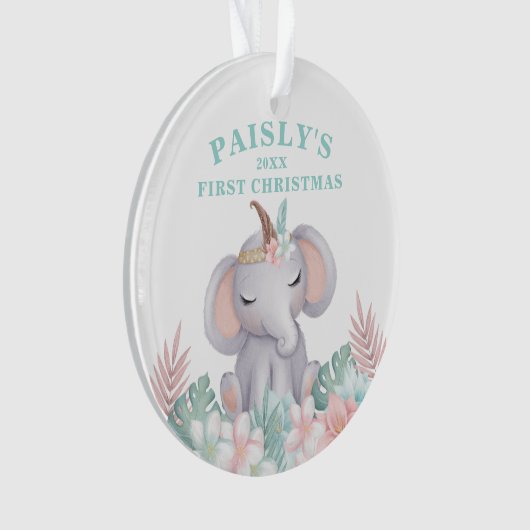 Boho Waterverf Baby Elephant kerstfoto Ornament (voorkant)