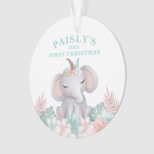Boho Waterverf Baby Elephant kerstfoto Ornament (voorkant)