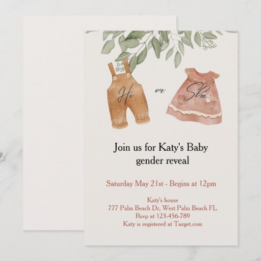 Boho Waterverf Baby Geslacht Onthulling Uitnodigin Kaart (Voorkant / Achterkant)