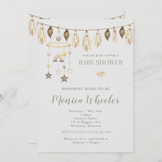 Boho Waterverf Baby shower Kaart (Voorkant / Achterkant)
