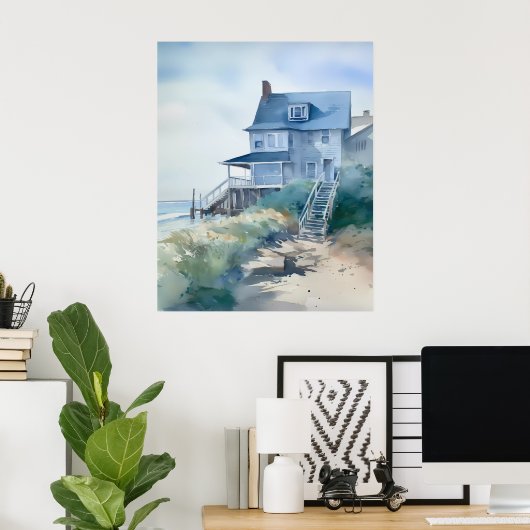 Boho Waterverf Beach House Art Poster (Thuiskantoor)