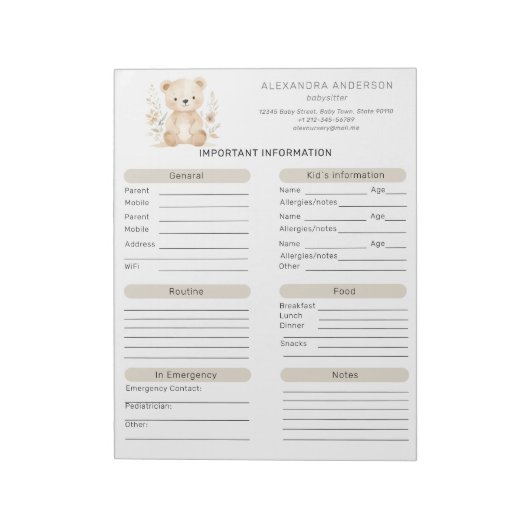 Boho Waterverf Beer Babysitter Info Sheet Notitieblok (Linkerzijde)