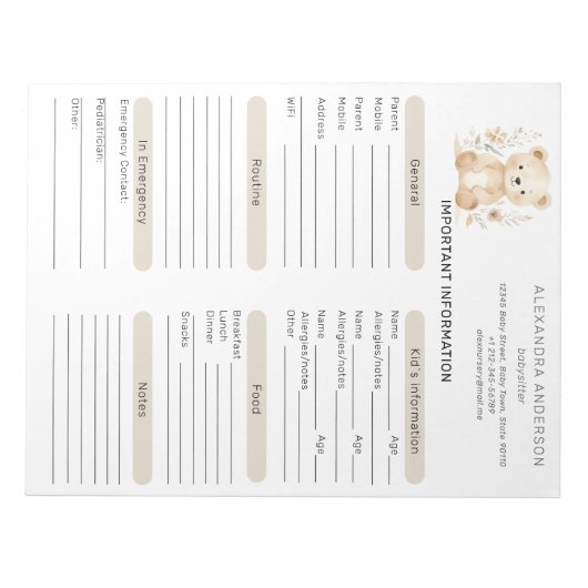 Boho Waterverf Beer Babysitter Info Sheet Notitieblok (Voorkant)