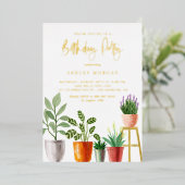 Boho Waterverf Binnenin Planten Birthday Party Folie Uitnodiging (Staand Voorkant)