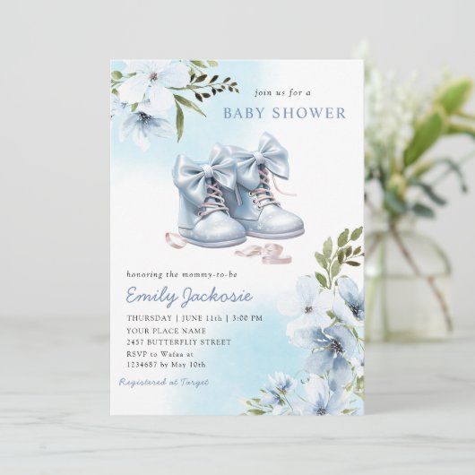 Boho Waterverf Blauw Baby Schoenen floraal Baby sh Kaart (Staand voorkant)
