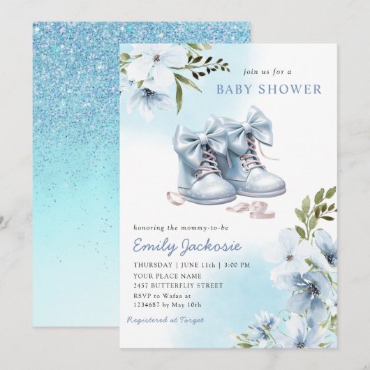 Boho Waterverf Blauw Baby Schoenen floraal Baby sh Kaart (Voorkant / Achterkant)