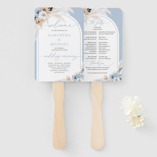 Boho waterverf blauw en roest bloementropische boo handwaaier (Voorkant en achterkant)