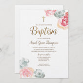 Boho Waterverf bloeit roze baby Doop Kaart (Voorkant / Achterkant)