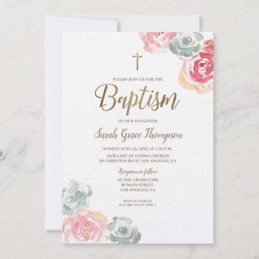Boho Waterverf bloeit roze baby Doop Kaart (Voorkant)