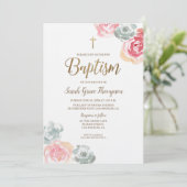 Boho Waterverf bloeit roze baby Doop Kaart (Staand voorkant)