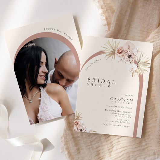 Boho Waterverf Bloem Boog Foto Bruidsdouche Kaart