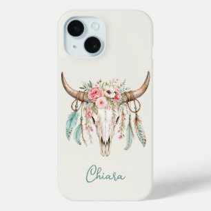 Boho Waterverf Bloem Koeien Schedel iPhone 15 Case