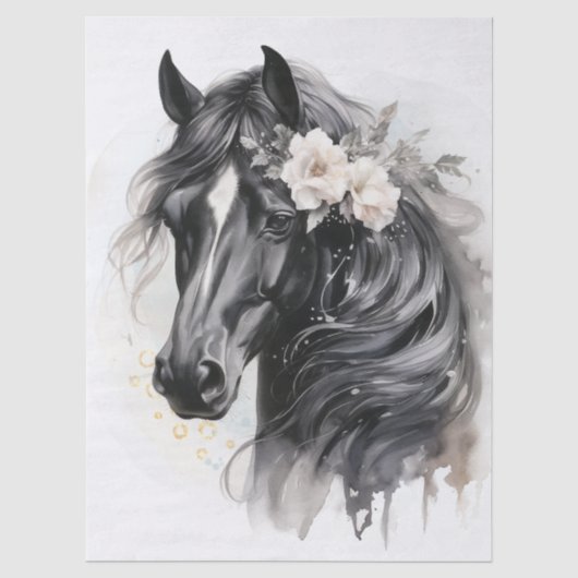 Boho Waterverf Bloem Zwart Paard Tissuepapier (Voorkant)