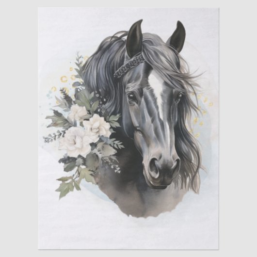 Boho Waterverf Bloem Zwart Paard Tissuepapier (Voorkant)