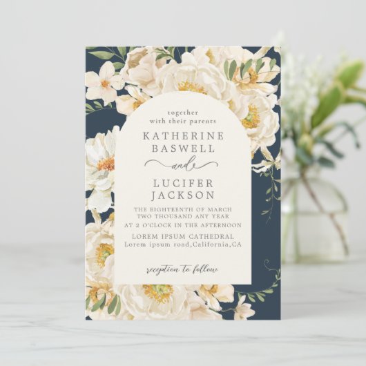 Boho waterverf bloemblaadje Navy Blauw Bruiloft Kaart (Staand voorkant)