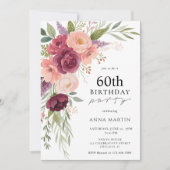 Boho Waterverf Bloemen 60ste Verjaardagsfeest Kaart (Voorkant)