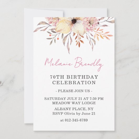 Boho Waterverf Bloemen 70ste Verjaardag Uitnodigen Kaart (Voorkant)