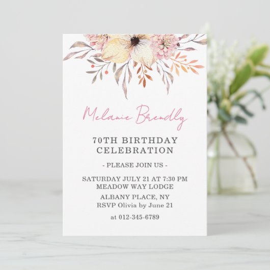 Boho Waterverf Bloemen 70ste Verjaardag Uitnodigen Kaart (Staand voorkant)