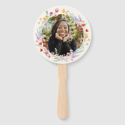 Boho Waterverf Bloemen Afstudeerder Gezicht Foto Handwaaier (Voorkant)