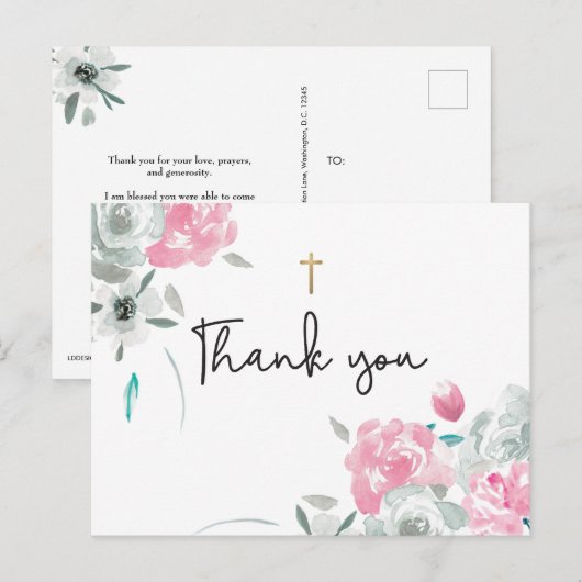 Boho Waterverf Bloemen Baby Doop Dank u Briefkaart (Voorkant / Achterkant)