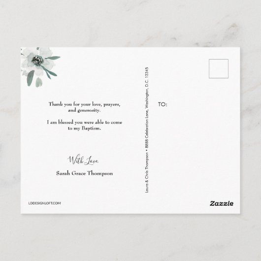 Boho Waterverf Bloemen Baby Doop Dank u Briefkaart (Achterkant)