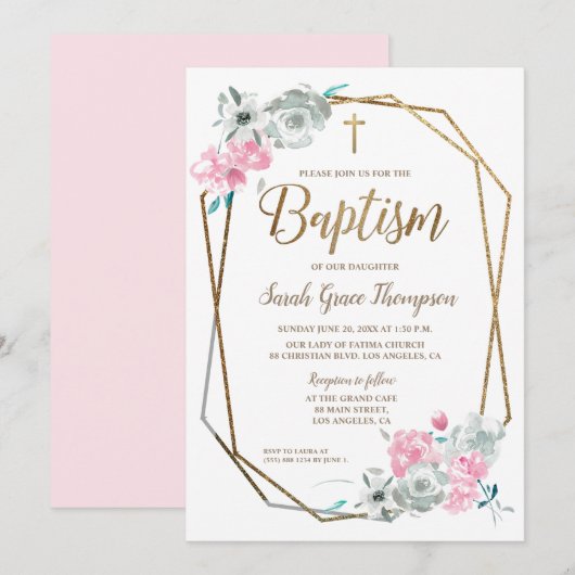 Boho Waterverf bloemen baby roze Baptisme Kaart (Voorkant / Achterkant)