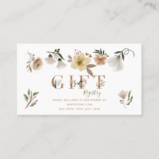 Boho Waterverf Bloemen Baby shower Gift Registry Visitekaartje (Voorkant)