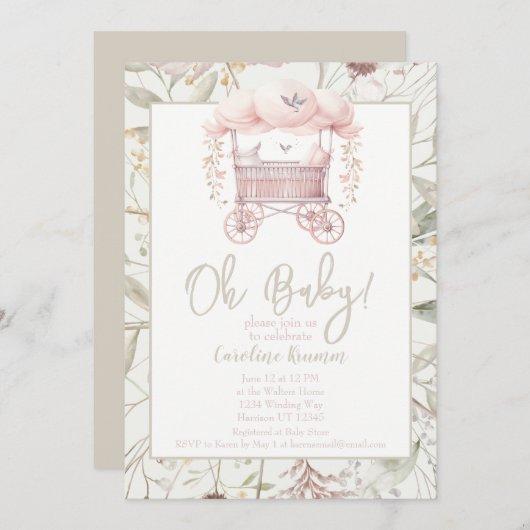 Boho Waterverf Bloemen Bassinet Baby shower Kaart (Voorkant / Achterkant)