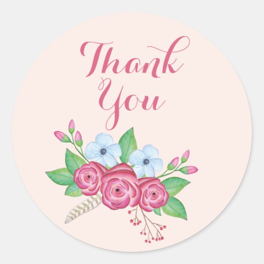 Boho Waterverf Bloemen Boeket, "Dank u" Ronde Sticker (Voorkant)