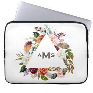 Boho Waterverf Bloemen Driehoek Lijst Monogram Laptop Sleeve