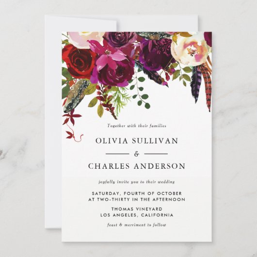 Boho Waterverf bloemen en veren vallen bruiloft Kaart (Voorkant)