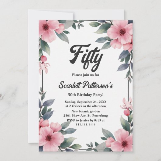 Boho Waterverf Bloemen Lijst Rustiek 50ste Verjaar Kaart (Voorkant)