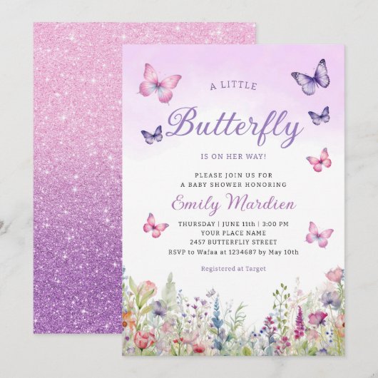 Boho Waterverf Bloemen Meisje Vlinder Baby shower Kaart (Voorkant / Achterkant)