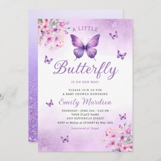 Boho Waterverf Bloemen Meisje Vlinder Baby shower Kaart (Voorkant / Achterkant)