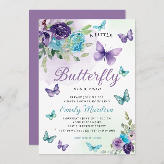 Boho Waterverf Bloemen Meisje Vlinder Baby shower Kaart (Voorkant / Achterkant)