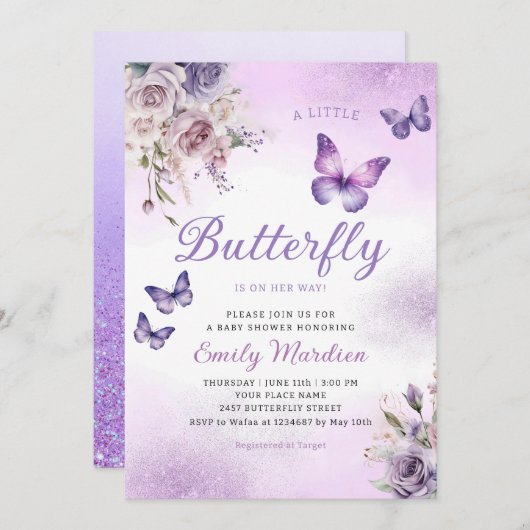 Boho Waterverf Bloemen Meisje Vlinder Baby shower Kaart (Voorkant / Achterkant)