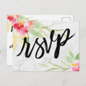 Boho Waterverf Bloemen op Subtle Grey Marble RSVP Briefkaart (Voorkant / Achterkant)
