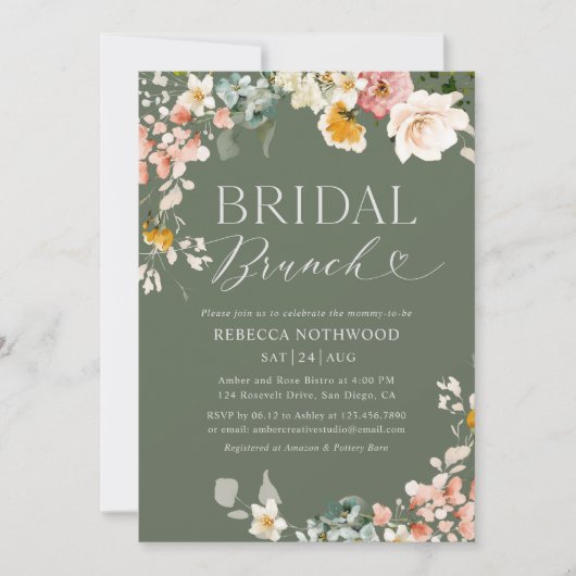 Boho Waterverf Bloemen Salie Groene Bruids Brunch Kaart (Voorkant)