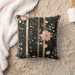 Boho Waterverf Bloemen Strepen Goud Roze Zwart Kussen