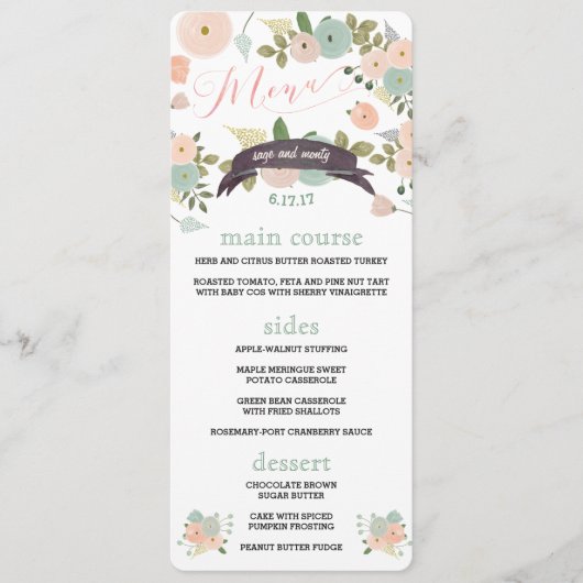 Boho Waterverf Bloemen Trouwdiner Menu's (Voorkant)