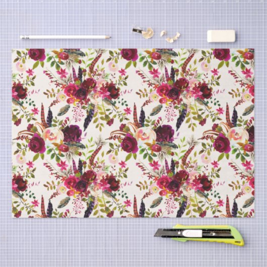 Boho Waterverf Bloemen, veren Tissue Paper Tissuepapier (Craft)