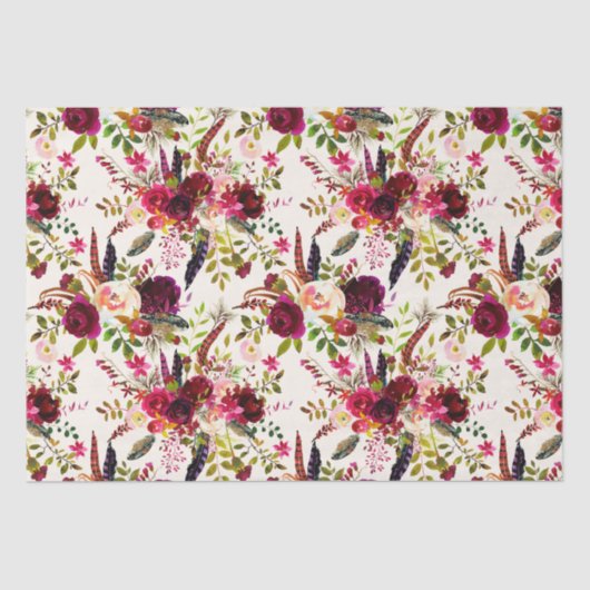 Boho Waterverf Bloemen, veren Tissue Paper Tissuepapier (Voorkant)