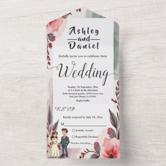 Boho Waterverf Bloemenbruid en bruidegom bruiloft All In One Uitnodiging (Binnen)