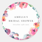 Boho Waterverf Bloemenkrans Bruidsdouche Ronde Sticker (Voorkant)