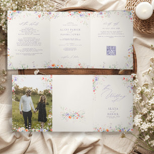 Boho waterverf bloemige alles-in-één RSVP QR bruil Drieluik Uitnodiging