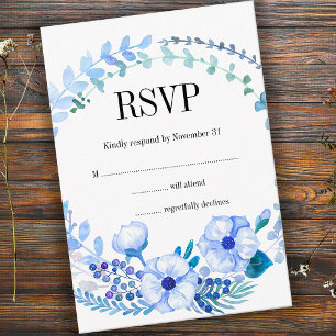 Boho Waterverf Blue Floral Wedding RSVP Card