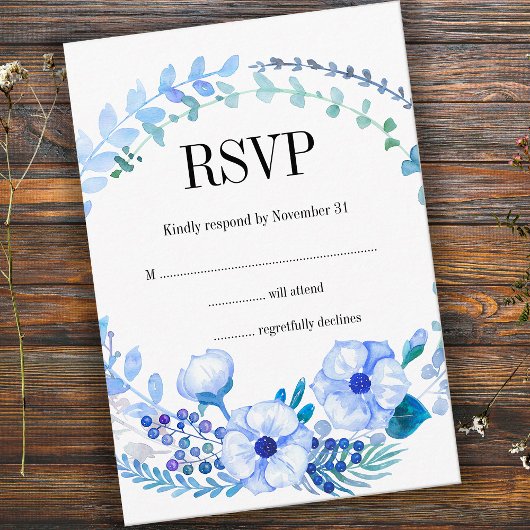 Boho Waterverf Blue Floral Wedding RSVP Card