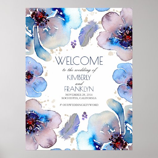 Boho Waterverf Blue Flowers Weddenschap Welkomstte Poster (Voorkant)