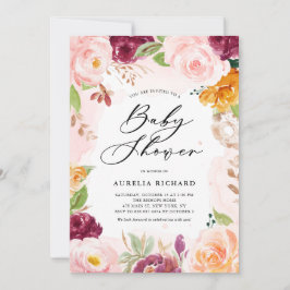 Boho Waterverf Blush Burgundy Floral Baby shower Kaart